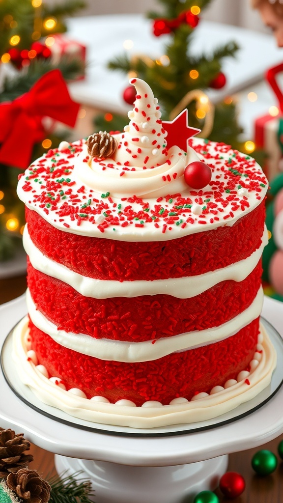 A festive red Christmas cake with cream cheese frosting and holiday decorations.